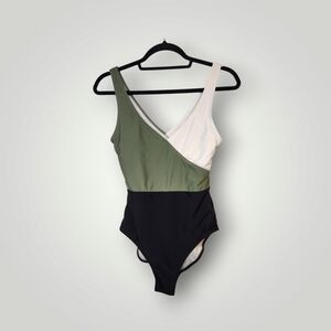Colorblock One-Piece Swimsuit size Small Green Black White